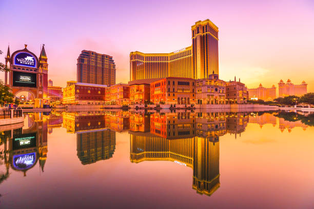 Macau, China - December 9, 2016: The Venetian Macao Sunset reflecting in the lake. The largest casino in the world.