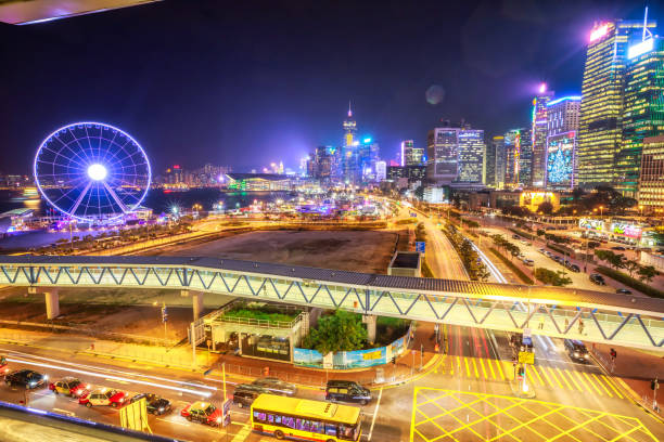 vista aérea de hong kong - hong shopping night skyline - fotografias e filmes do acervo