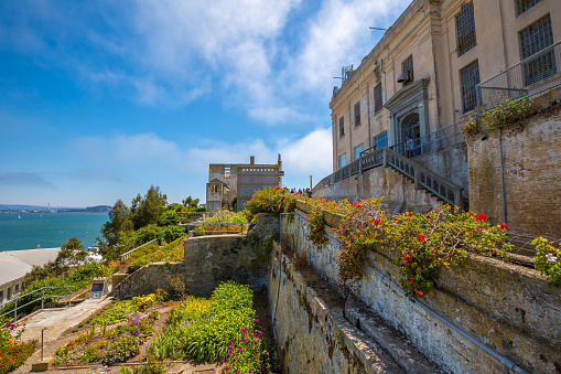 San Francisco, California, United States - August 14, 2016: backyard of San francisco Alcatraz prison. Inmates recreation and outdoor work. Blue sky, summer season.