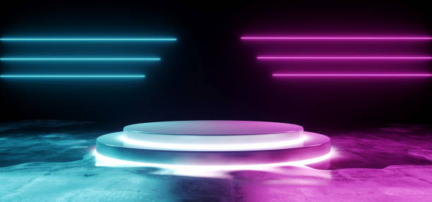 istock Empty Modern Futuristic Sci Fi Empty Dark Grunge Concrete Reflective  Wet Room With White Led Glowing Stage On Black Background  With Purple And Blue Abstract Neon Glowing Line Shaped Lights 3D Rendering 1063881456