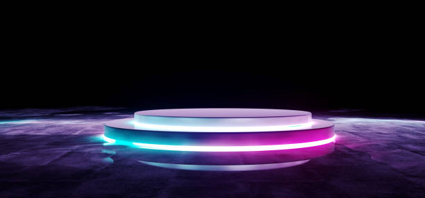 istock Modern Futuristic Sci Fi Alien White Purple And Blue Glowing Lights Empty Stage On Black Background In Dark Grunge Concrete Wet Reflection Room Concept Background 3D Rendering 1063881464