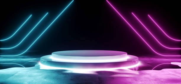 istock Empty Modern Futuristic Sci Fi Empty Dark Grunge Concrete Reflective  Wet Room With White Led Glowing Stage On Black Background  With Purple And Blue Abstract Neon Glowing Line Shaped Lights 3D Rendering 1063881484