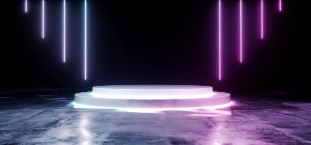 istock Empty Modern Futuristic Sci Fi Empty Dark Grunge Concrete Reflective  Wet Room With White Led Glowing Stage On Black Background  With Purple And Blue Abstract Neon Glowing Line Shaped Lights 3D Rendering 1063881540