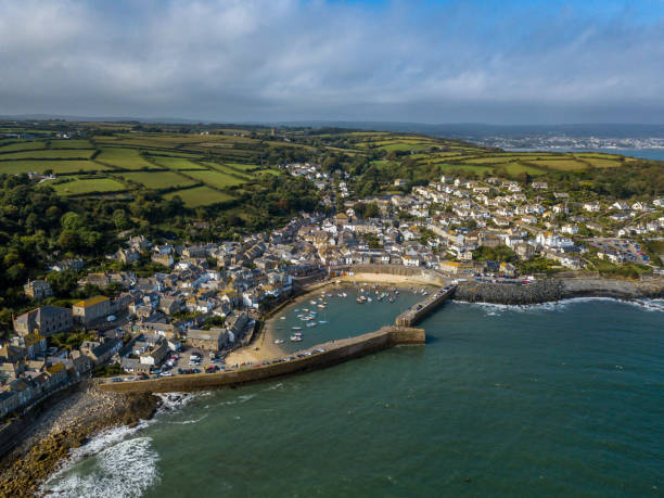 Mousehole from above overlooking at the Harbour and  town stock photo