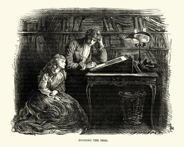 ilustrações de stock, clip art, desenhos animados e ícones de dickens, david copperfield, holding the pens - charles dickens victorian style author men