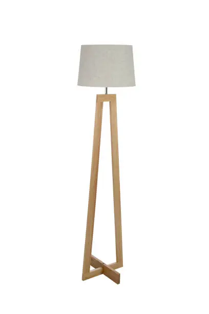 Photo of Wooden floor lamp isolated on white background