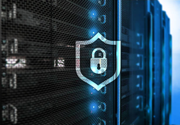 istock Cyber protection shield icon on server room background. Information Security and virus detection. 1063887204