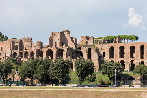 Partial view of the Circus Maximus at Rome city, Italy. It is an ancient Roman chariot-racing track and stadium located in the flat zone between the Aventine and Palatine Hills.  Today is a popular music concert venue.