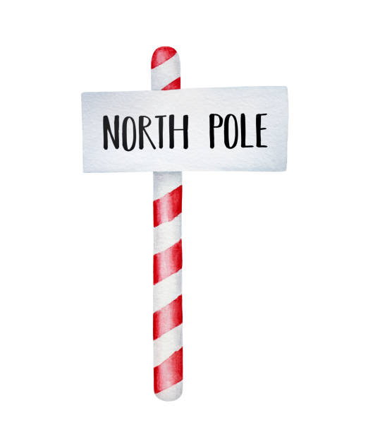 nordpol-schild mit aufschrift. magischer ort, wo st. nikolaus werkstatt zur herstellung von spielzeug, süßigkeiten und präsentiert. - santa claus christmas cartoon traditional culture stock-grafiken, -clipart, -cartoons und -symbole