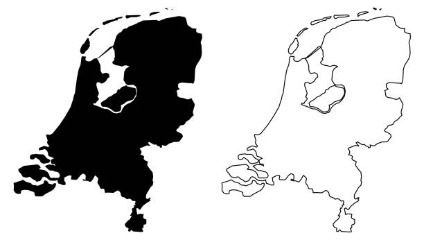 Simple (only sharp corners) map of Netherlands vector drawing. Mercator projection. Filled and outline version. vector art illustration
