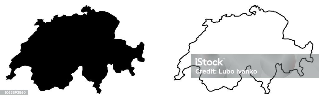 Simple (only sharp corners) map of Switzerland vector drawing. Mercator projection. Filled and outline version. Black Color stock vector