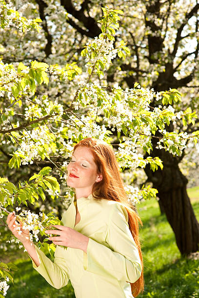 primavera-mulher com flor de árvore aproveite o sol - portrait adults apple tree cherry tree - fotografias e filmes do acervo