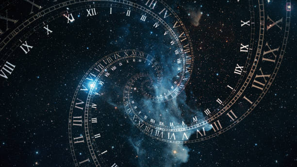 The composition of the space of time, the flight in space in a spiral of Roman clocks 3d illustration stock photo