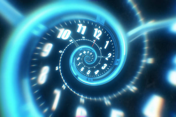 Rotating spiral of a luminous clock from numbers. Abstract 3d illustration stock photo