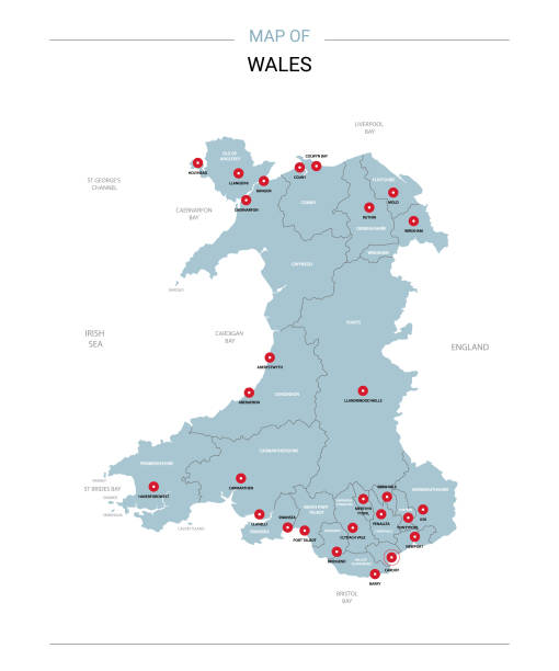 вектор карты уэльса с красным штырем. - wales stock illustrations