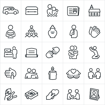 A set of funeral icons. The icons include a hearse, casket, mourning, sadness, obituary, death, church, pastor, funeral service, sermon, urn, prayer, body, viewing, headstone, grave, hug, consoling, candle, vigil, candlelight vigil, love, support, flowers, hymn book, and photo to name a few.