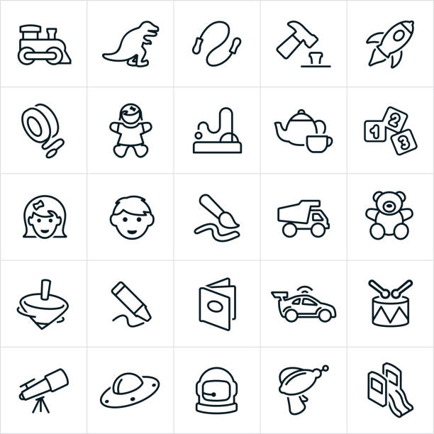 Children Toys Icons A set of children toys icons. The icons include a toy train, dinosaur, jump rope, rocket ship, yo-yo, doll, tea set, blocks, boy, girl, paint brush, dump truck, teddy bear, top, crayon, book, race car, drum, telescope, space man and other toys. spinning top stock illustrations