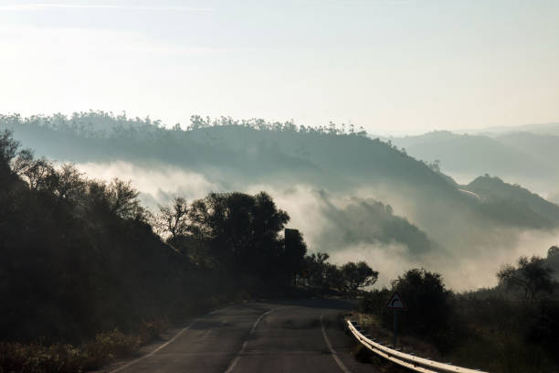 Foggy hills and road  in the morning on the Algarve region.