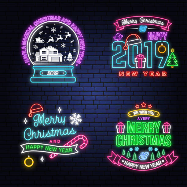 Have a Magical Christmas and Happy New Year neon sign with snowflakes, christmas snow globe. Vector. Have a Magical Christmas and Happy New Year neon sign with snowflakes, christmas snow globe. Vector. Set of neon design for xmas, new year emblem, bright signboard, light banner. Night signboard snow globe earth stock illustrations