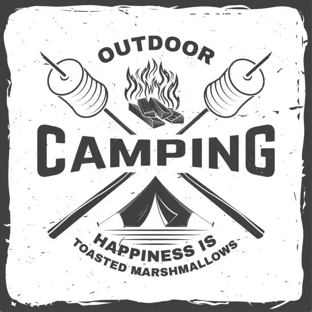 Vector illustration of Outdoor camping. Happiness is toasted marshmallows. Vector illustration. Vintage typography design with camping tent, campfire, marshmallow