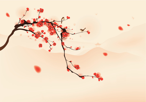 Birds resting on the branches of plum blossom tree with hills background. Vectorized brush painting.