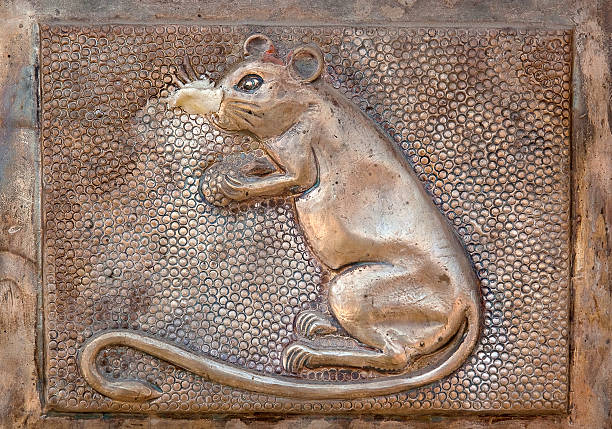 Cute little blue rat sitting in typical Dutch yellow wooden shoes. Isolated on a white background.
