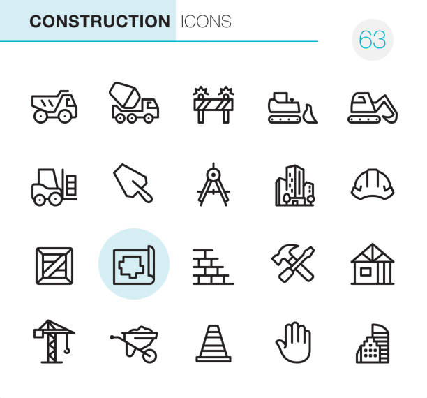 Construction - Pixel Perfect icons 20 Outline Style - Black line - Pixel Perfect icons / Set #63 / Construction / Icons are designed in 48x48pх square, outline stroke 2px.

First row of outline icons contains: 
Dump Truck, Cement Truck, Construction Barrier, Bulldozer, Earth Mover; 

Second row contains: 
Forklift, Trowel, Drawing Compass, Built Structure, Helmet;

Third row contains: 
Crate, Plan, Brick Wall, Hand Tools, Construction Frame; 

Fourth row contains: 
Crane, Wheelbarrow, Traffic Cone, Stop Gesture, Skyscraper.

Complete Primico collection - https://www.istockphoto.com/collaboration/boards/NQPVdXl6m0W6Zy5mWYkSyw concrete symbols stock illustrations