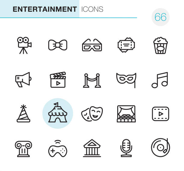 ilustraciones, imágenes clip art, dibujos animados e iconos de stock de entretenimiento - los perfectos iconos pixel - teatro