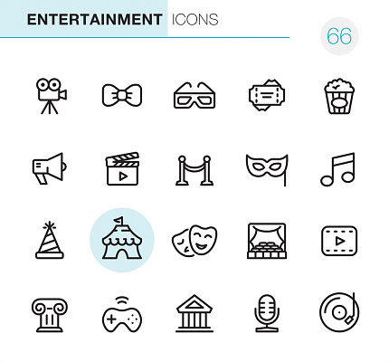 20 Outline Style - Black line - Pixel Perfect icons / Set #66 / Entertainment / Icons are designed in 48x48pх square, outline stroke 2px.

First row of outline icons contains: 
Movie Camera, Bow Tie, 3-D Glasses, Tickets, Popcorn;

Second row contains: 
Speaker, Film Industry, Red Carpet, Mask - Disguise, Music;

Third row contains: 
Event, Circus, Tragedy & Comedy Mask, Stage, Movie; 

Fourth row contains: 
Architecture, Video Game, Theater, Microphone, Record.

Complete Primico collection - https://www.istockphoto.com/collaboration/boards/NQPVdXl6m0W6Zy5mWYkSyw