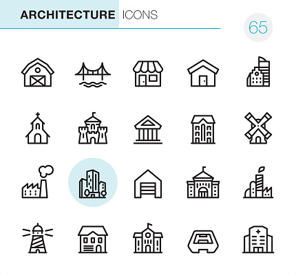20 Outline Style - Black line - Pixel Perfect icons / Set #65 / Architecture / Icons are designed in 48x48pх square, outline stroke 2px.

First row of outline icons contains: 
Barn, Bridge, Store, House, Built Structure;

Second row contains: 
Church, Castle, Public Building, Residential Building, Windmill;

Third row contains: 
Factory, Skyscraper, Garage, University, Industrial Building; 

Fourth row contains: 
Lighthouse, Cottage, School Building, Stadium, Hospital.

Complete Primico collection - https://www.istockphoto.com/collaboration/boards/NQPVdXl6m0W6Zy5mWYkSyw