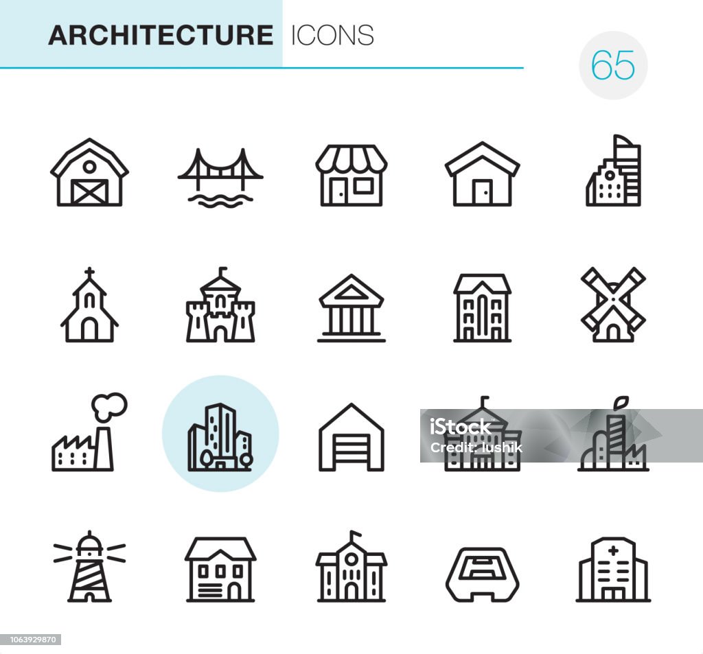 Architecture - Pixel Perfect icons 20 Outline Style - Black line - Pixel Perfect icons / Set #65 / Architecture / Icons are designed in 48x48pх square, outline stroke 2px.

First row of outline icons contains: 
Barn, Bridge, Store, House, Built Structure;

Second row contains: 
Church, Castle, Public Building, Residential Building, Windmill;

Third row contains: 
Factory, Skyscraper, Garage, University, Industrial Building; 

Fourth row contains: 
Lighthouse, Cottage, School Building, Stadium, Hospital.

Complete Primico collection - https://www.istockphoto.com/collaboration/boards/NQPVdXl6m0W6Zy5mWYkSyw Icon Symbol stock vector