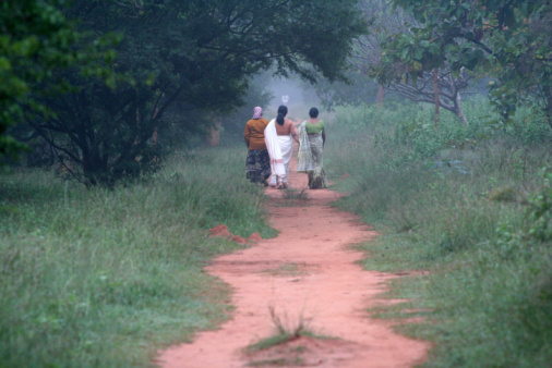 Three indian ladies walking through the mist in a park in bangalore, india