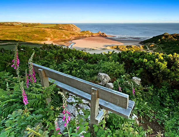 bench overlooking three cliff bay in the gower peninsula, evening light