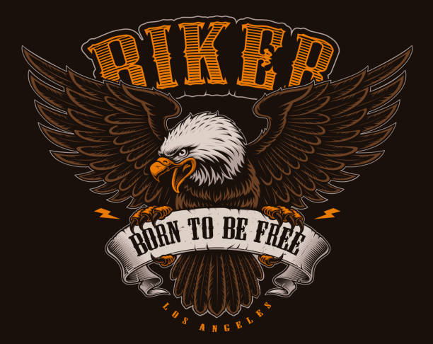 Vector illustration of American Eagle. Vector illustration of American Eagle, with vintage ribbon. Perfect for shirt prints, clothes. Text, colours are on the separate layers. biker stock illustrations