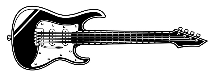 Black and white illustration of electric guitar on white background.