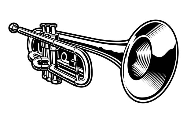 illustrations, cliparts, dessins animés et icônes de illustration vectorielle de trompette noir et blanc. - trompette