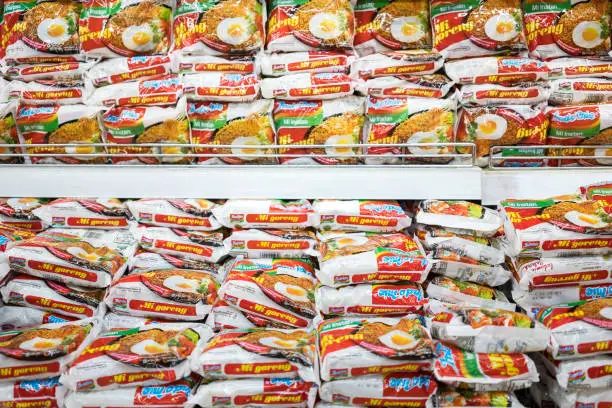 JAKARTA, Indonesia - October 25, 2018: Indomie instant noodles packed display for sell in supermarket