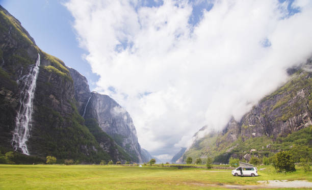 view of fjord landscape in lysebotn, norway - passion mountain range mountain national park imagens e fotografias de stock