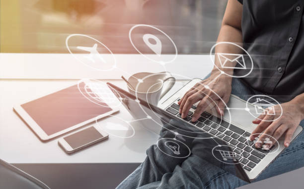 istock Digital marketing SEO search engine optimization via omnichannel communication network icon on computer software application development and online mobile smart device app technology 1063947086