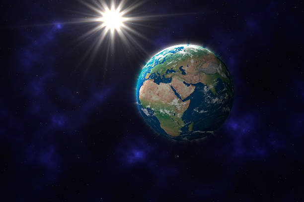 istock Planet earth with sun in front of the universe 106394802