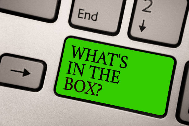 istock Writing note showing What s is In The Box question. Business photo showcasing Curiosity Opening a gift Surprise package Silver grey computer keyboard green button with black letters. 1063948308