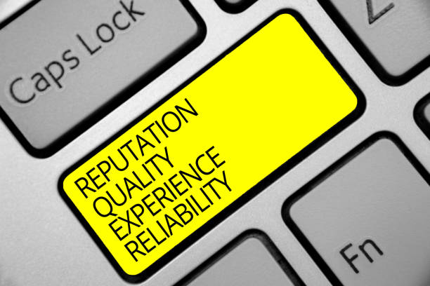 istock Text sign showing Reputation Quality Experience Reliability. Conceptual photo Customer satisfaction Good Service Keyboard yellow key Intention create computer computing reflection document. 1063948592