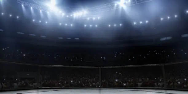 Professional boxing ring in 3D with tribune, fans and blue rays of light