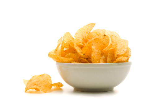 bowl of potato chips isolated on white