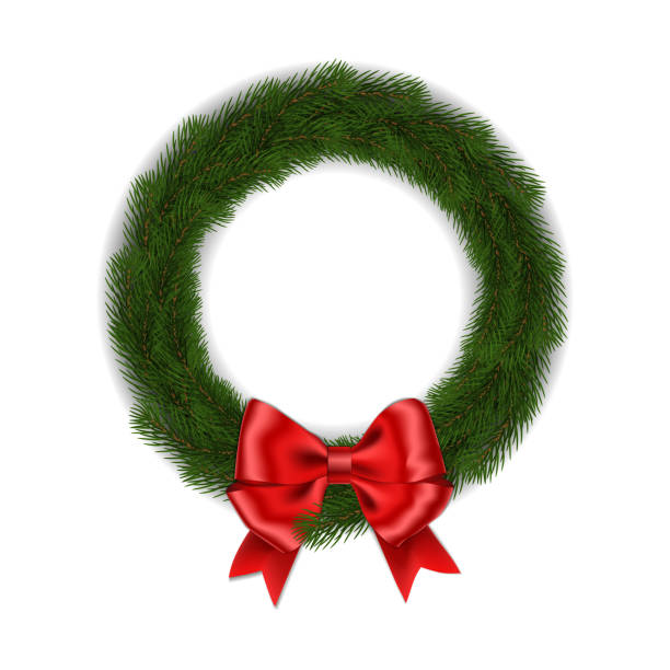 istock Green Christmas wreath with red ribbon bow vector isolated on white background. Xmas round garland d 1063964102