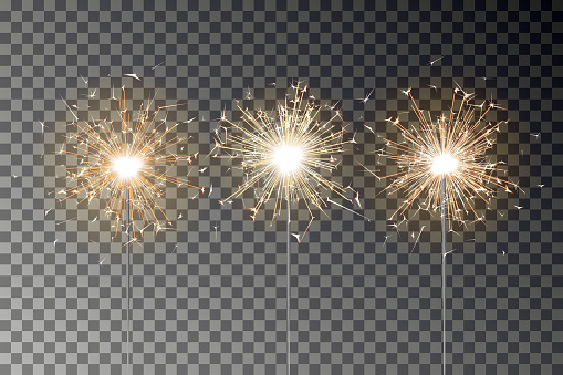Bengal fire sparkle vector set. New year sparkler candle isolated on transparent background. Realistic ve. Magic light stick. Xmas decoration illustration.