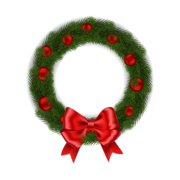istock Green Christmas wreath with red ribbon bow and balls vector isolated on white background. Xmas round 1063964300
