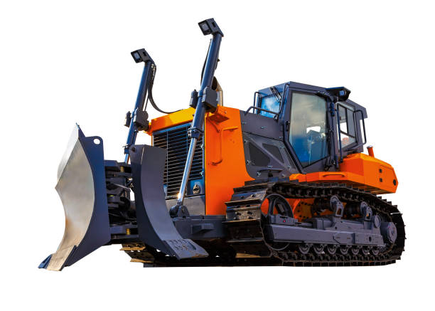 istock Shiny orange modern bulldozer on caterpillars isolate on white background 1063965970