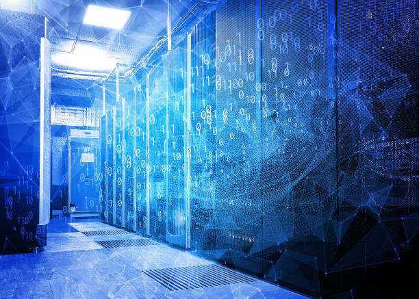 waves of information flows with triangles and particles in the server room of the data center. The concept of hacker attacks and data movement