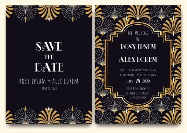 Vector illustration of An Art Deco Wedding Card with a Gold-patterned Background.